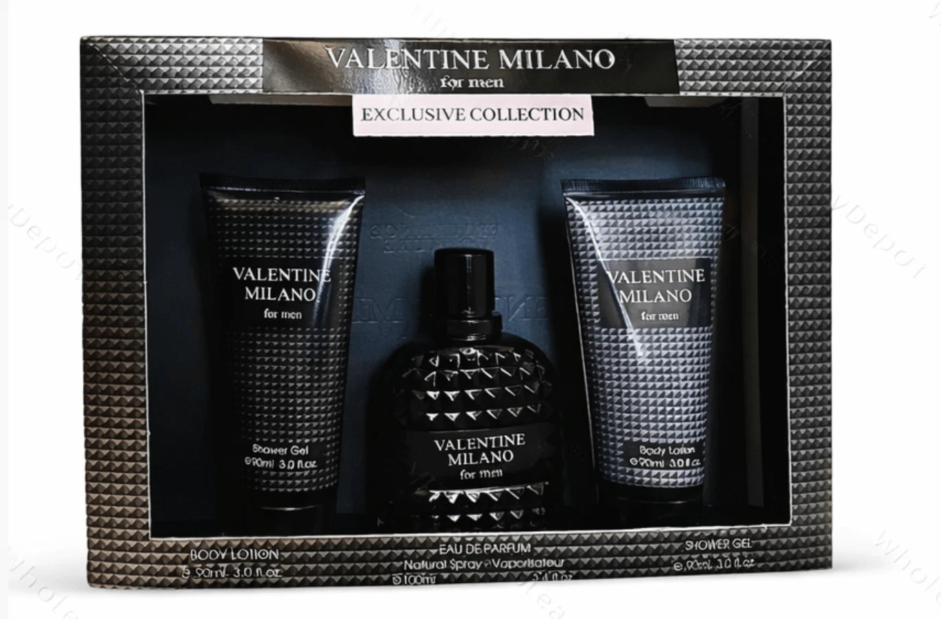 Valentine Milano Men Set For Men 3.4oz EDP 2x 3.0oz Body Lotion & Shower Gel